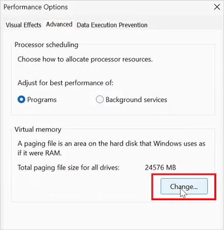 Click on Change under Virtual memory