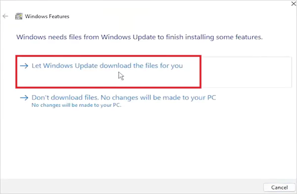 Click on Let Windows Update download the files for you