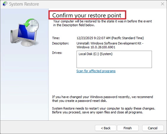 Confirm your restore point