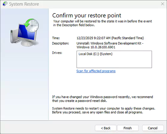 Confirm your restore point
