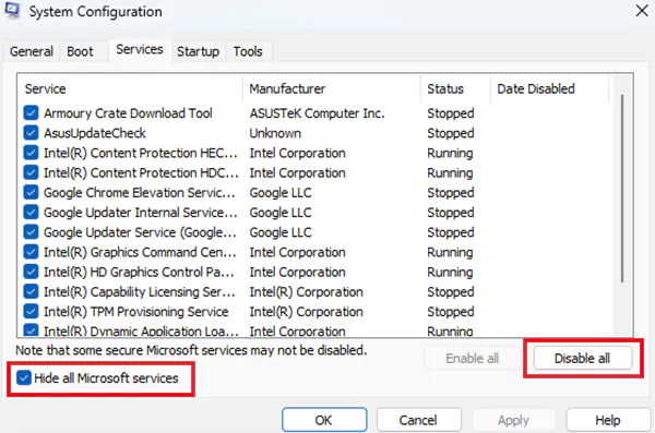 Hide all Microsoft services and select Disable all