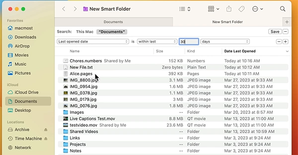 Listed files in New Smart Folder