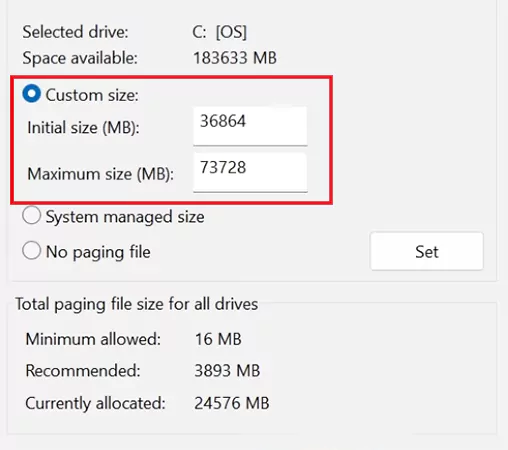Select Custom size
