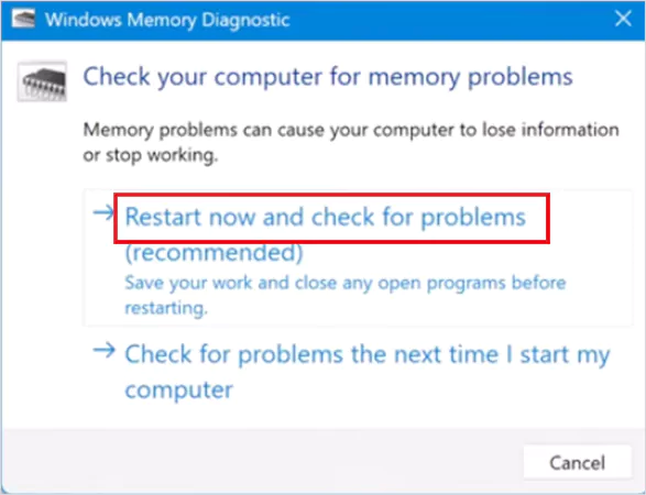 Select Restart now and check for problems
