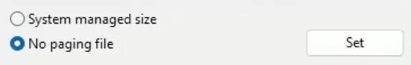 Set No paging file on all drives