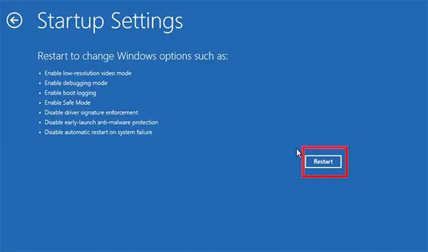 Startup Settings Restart