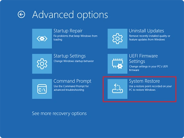 Troubleshoot > Advanced options > System Restore