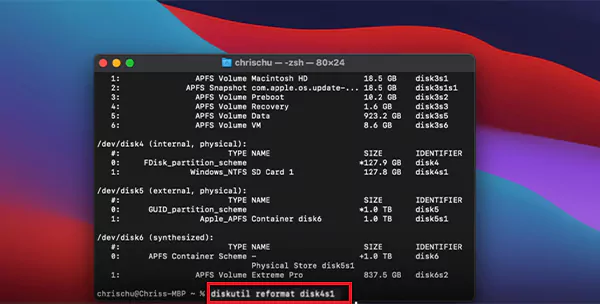 Use diskutil reformat to Reformat the SD Card