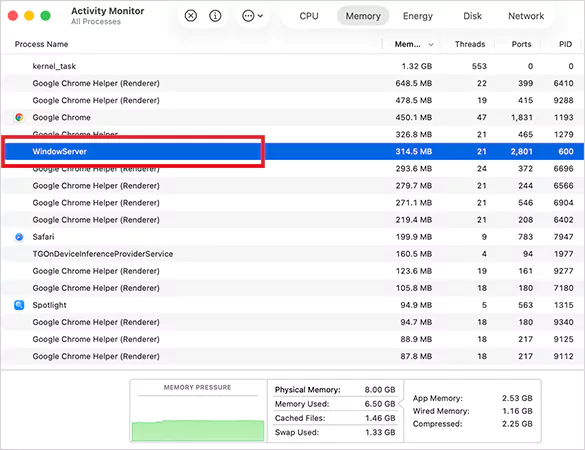 WindowServer in Activity Monitor