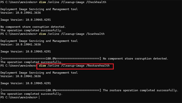 Type DISM/ Online/ Cleanup-Image/ RestoreHealth
