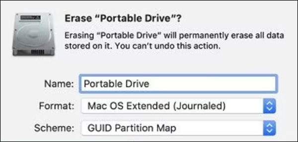 Choose Mac OS Extended (Journaled) and GUID Partition Map