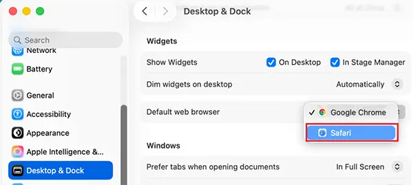 Choose Safari under Default Web Browser