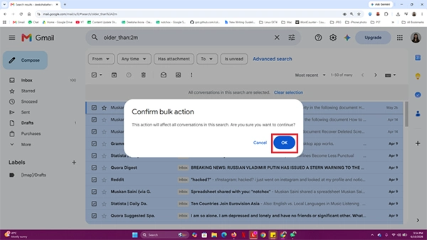 Click OK to confirm deletion