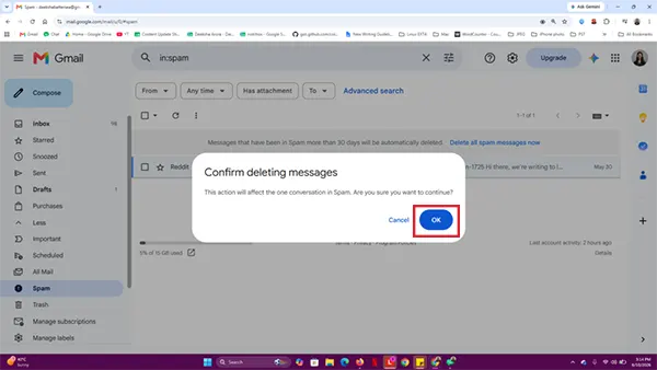 Click OK to confirm deletion