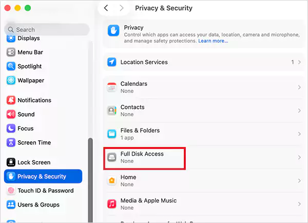 Click on Full Disk Access