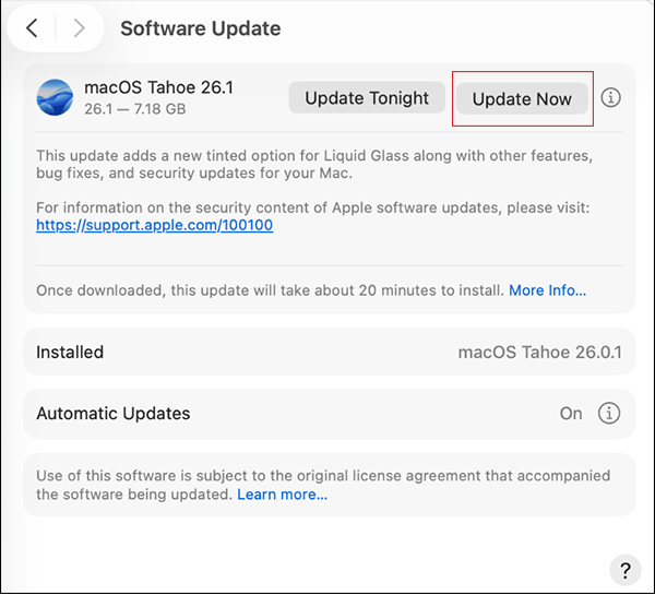 Click on the Update Now button