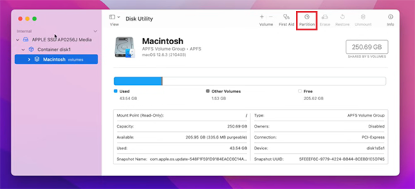 Create a partition on the Mac drive