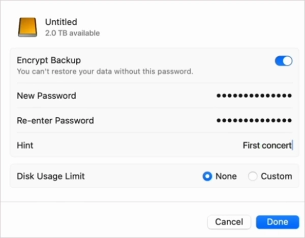 Enable backups on Time Machine
