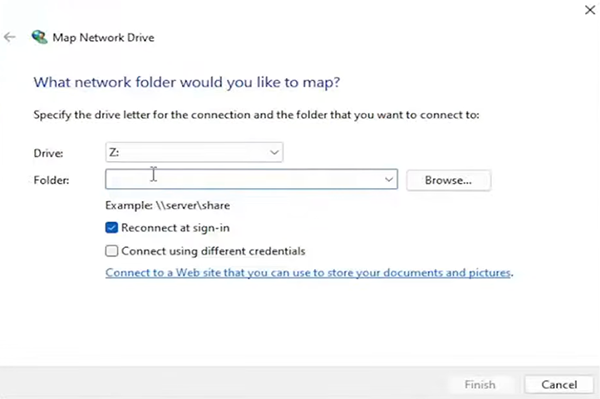 Enter details to map the network drive