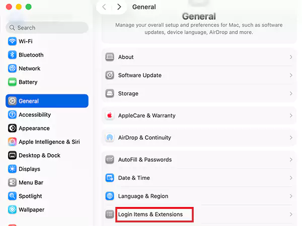 Go to General and open Login Items and Extensions