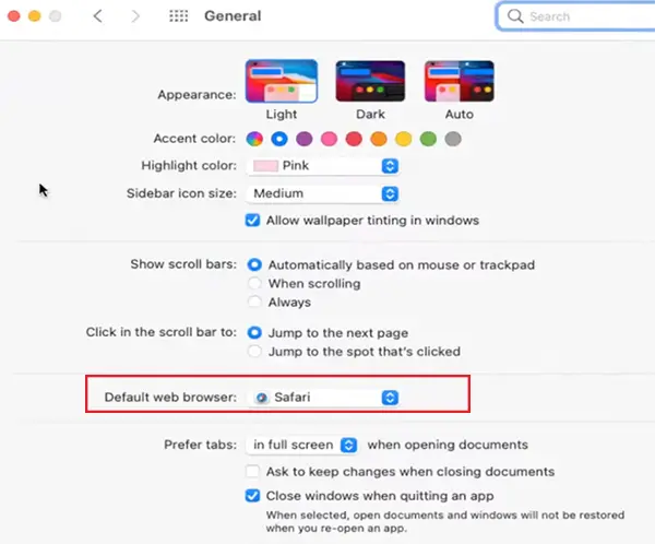  Go to the Default Web Browser section