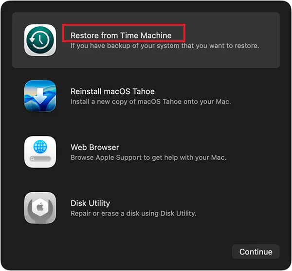 Select Restore from Time Machine