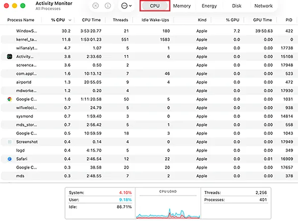 Select the CPU tab