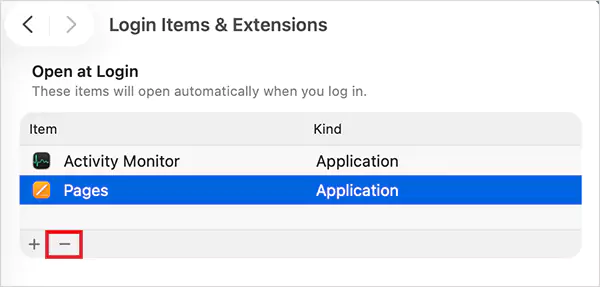 Select the app and click the minus button