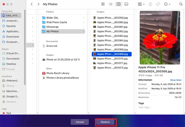 Select the file and restore