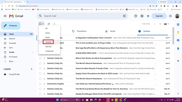 Select unread from the dropdown