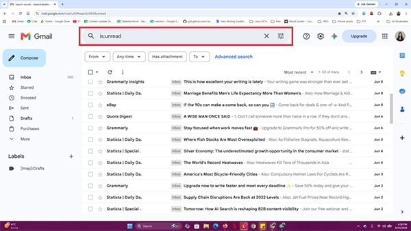 Type is:unread in the search bar