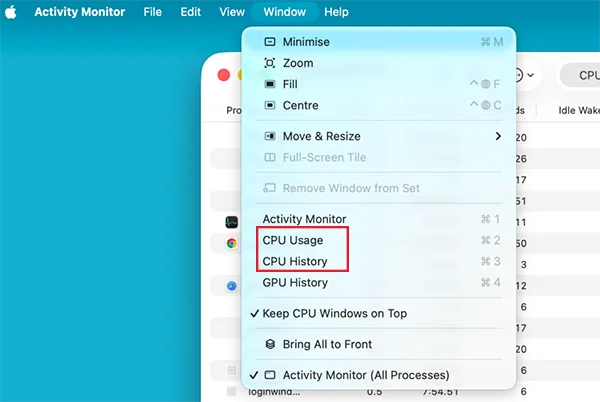 Windows > CPU Usage or CPU History