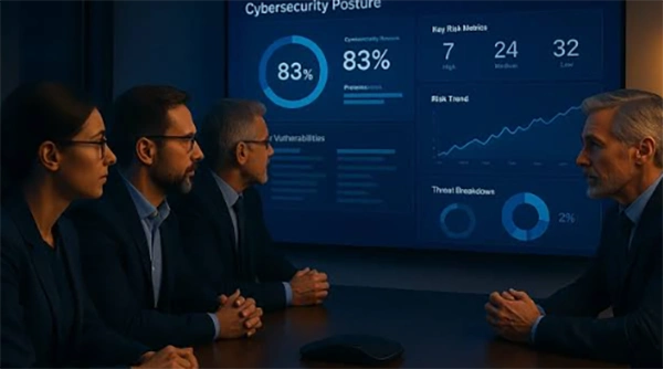 A boardroom screen showing a single-page cybersecurity metrics summary with time-based figures and a trend line.