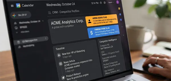A close-up of a CRM record showing a hiring-signal flag and a funding-event flag attached to a competitor's company profile.