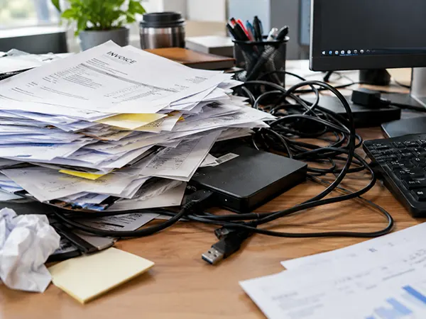 A cluttered office desk with loose papers, tangled cables, and an external hard drive half-buried under a stack of invoices.
