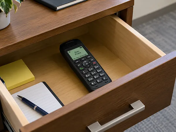 A desk drawer pulled open with an unanswered duty phone inside it.