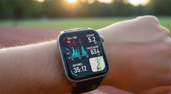 A fitness smartwatch on a wrist displaying a heart rate reading and a map of a running route.