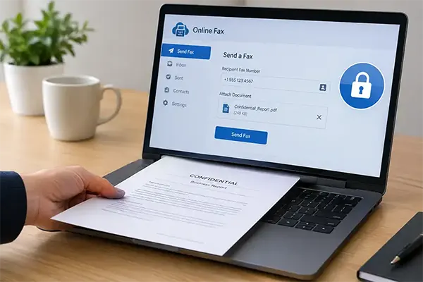 A hand feeding a document into a laptop-based online fax interface, with a small padlock icon overlaid on the screen.