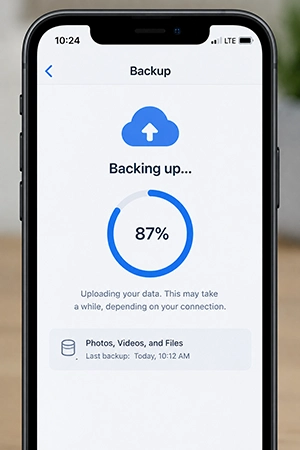 A phone screen showing one bar of signal next to a backup app stuck at 87 percent.