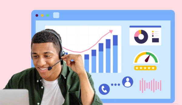 A remote sales rep on a headset call in front of a laptop showing a CRM pipeline dashboard