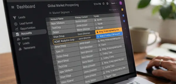 A sales dashboard showing contact records and company signals, with one competitor's row highlighted against a grid of grey ones.