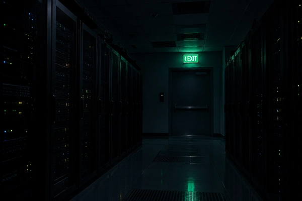 A server room with the overhead lights off and a single emergency exit sign lit.
