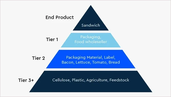 A supplier tier diagram where the second and third rows are grayed out.