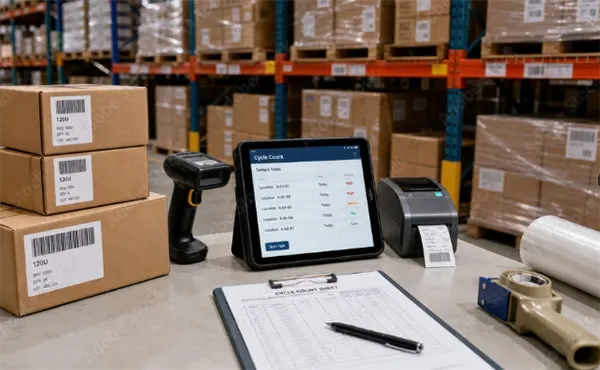 A warehouse screen showing live inventory counts beside a printed parts list on a clipboard.