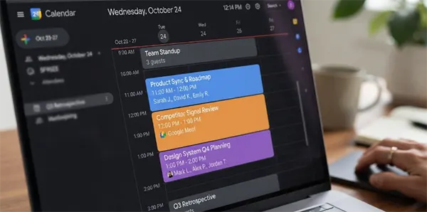 A weekly calendar block labeled "competitor signal review," wedged between two unrelated meetings.