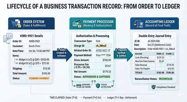 Business transaction records shown across an order system, payment processor, and accounting ledger.