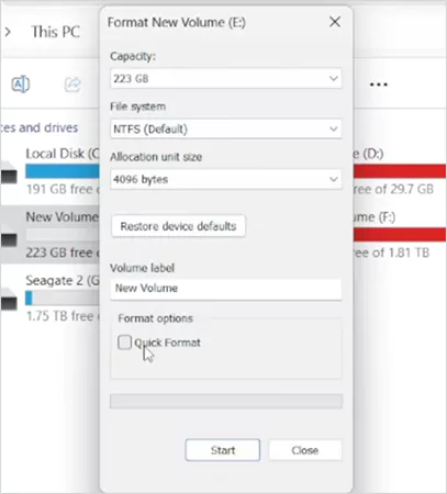 Choose the file system and volume label