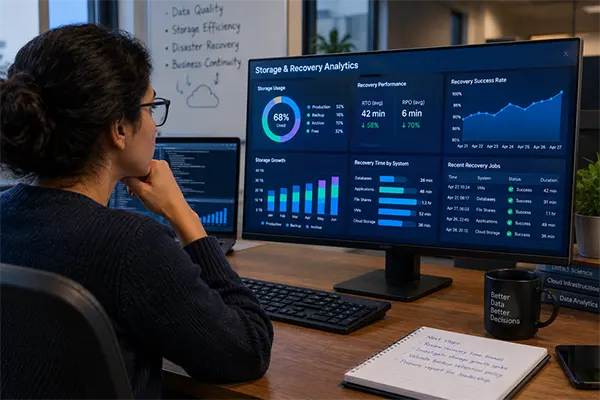 Data science professional analyzing digital storage and recovery data on a computer