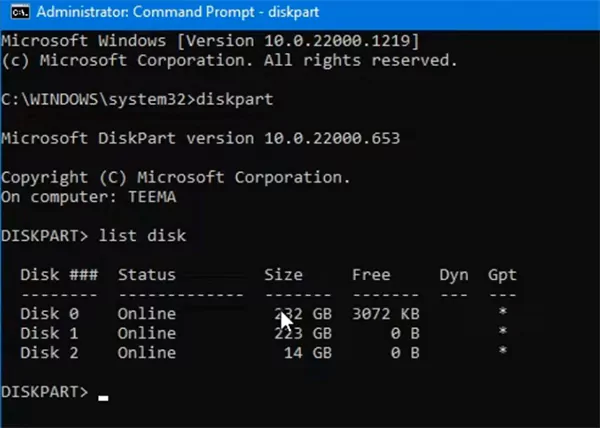 Diskpart List Disk