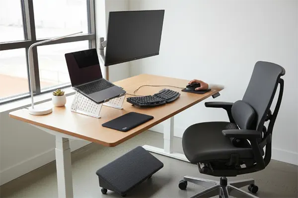 Displayed a raised laptop screen, an external keyboard, a properly positioned chair, clear legroom, and cables secured away from walking areas. 